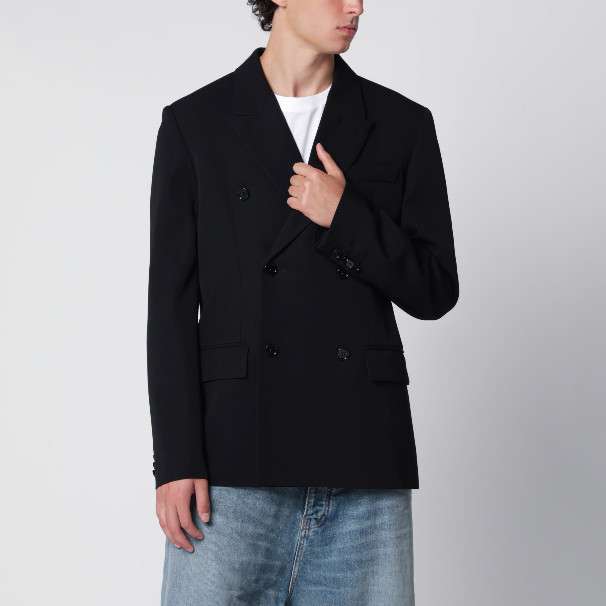 Giacca sartoriale doppiopetto in twill di lana nera