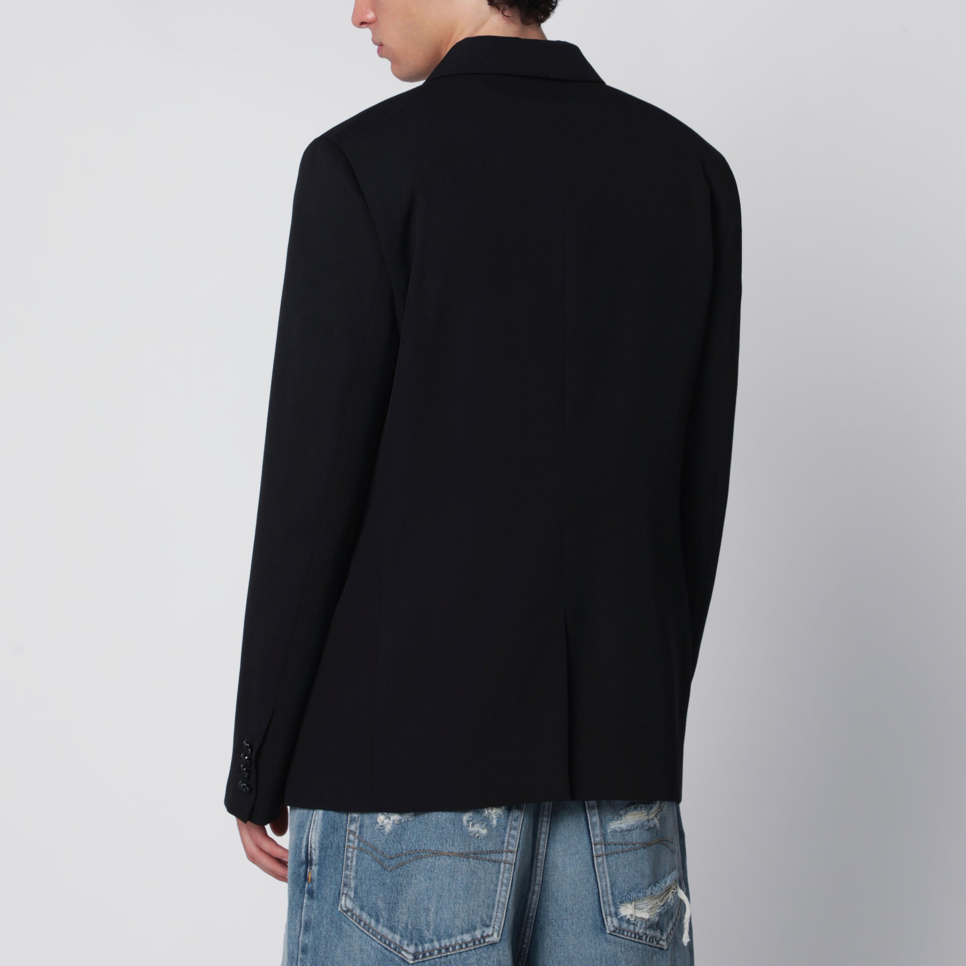 Giacca sartoriale doppiopetto in twill di lana nera