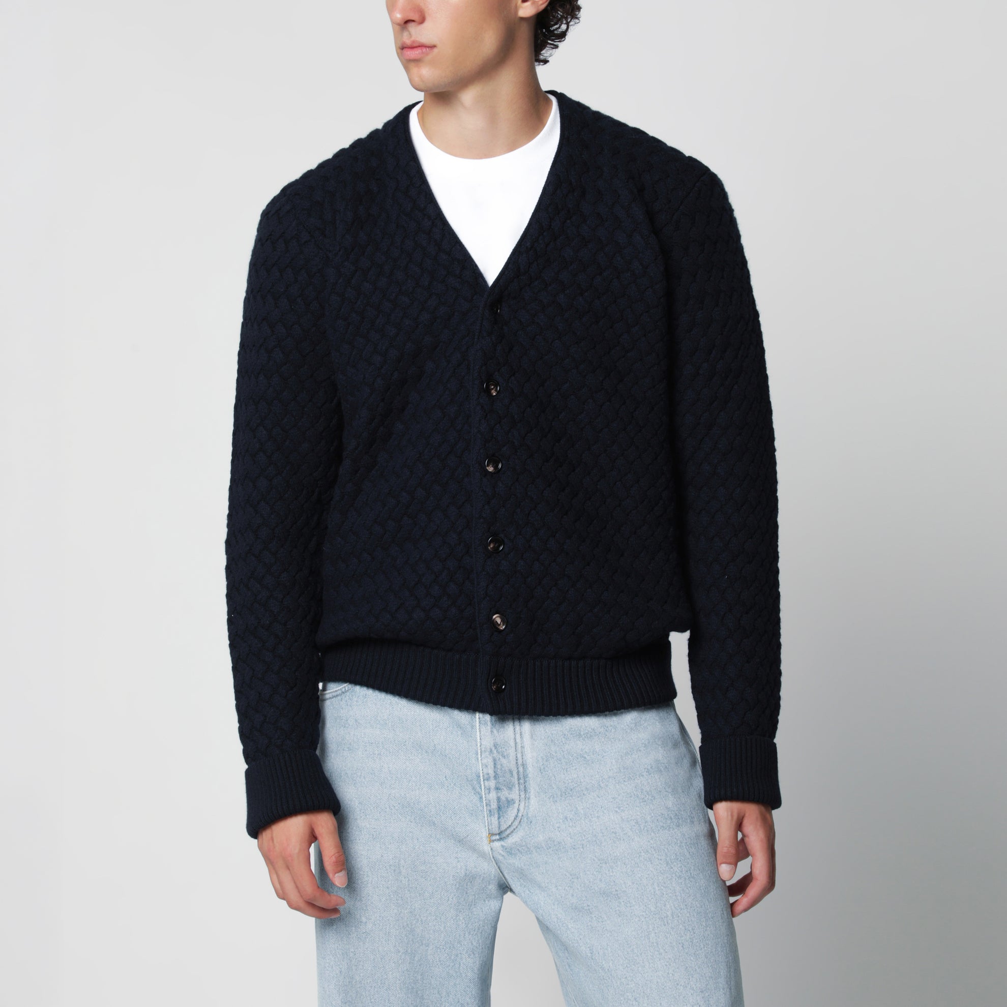 Intrecciato wool cardigan in midnight blue
