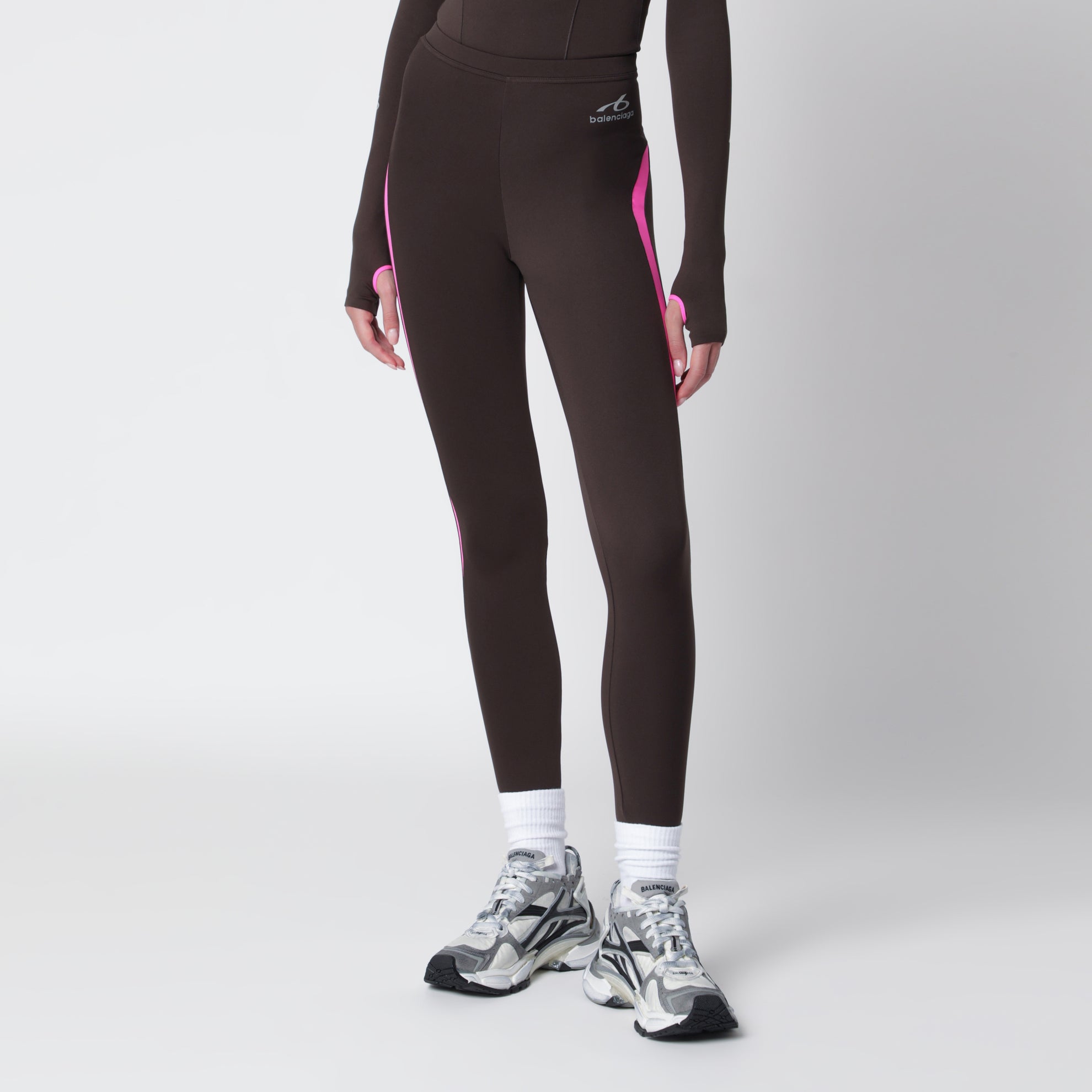 Leggings Techwear in tessuto tecnico kaki/rosa fluo