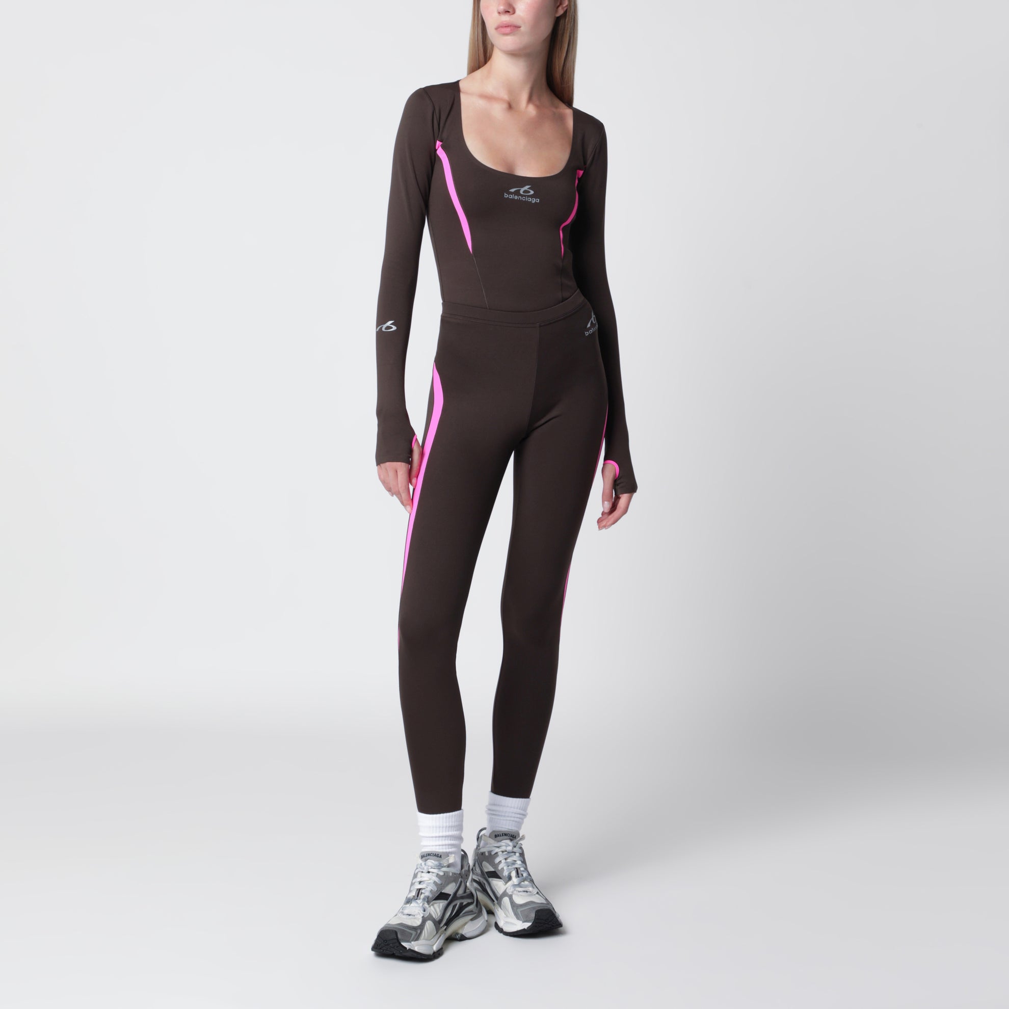 Leggings Techwear in tessuto tecnico kaki/rosa fluo
