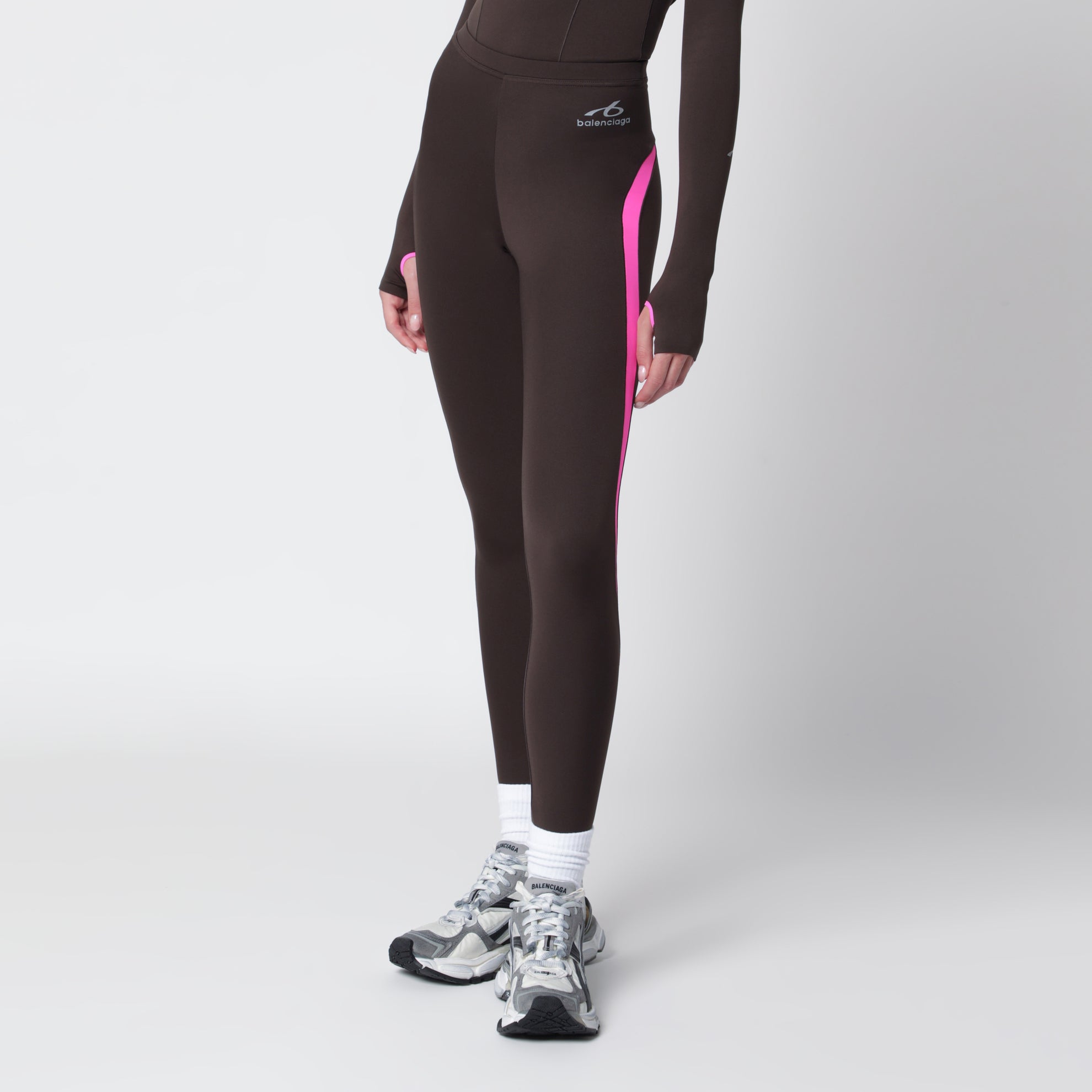 Leggings Techwear in tessuto tecnico kaki/rosa fluo
