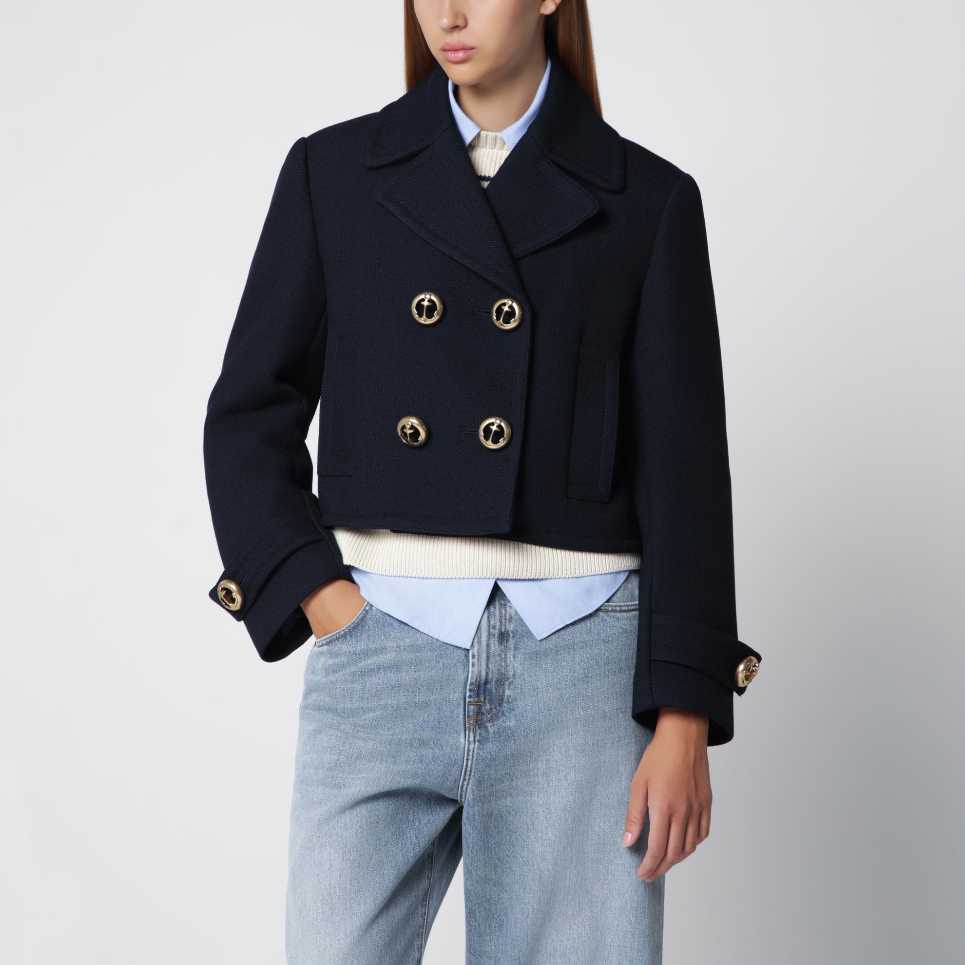 Cropped caban coat in textured wool, navy