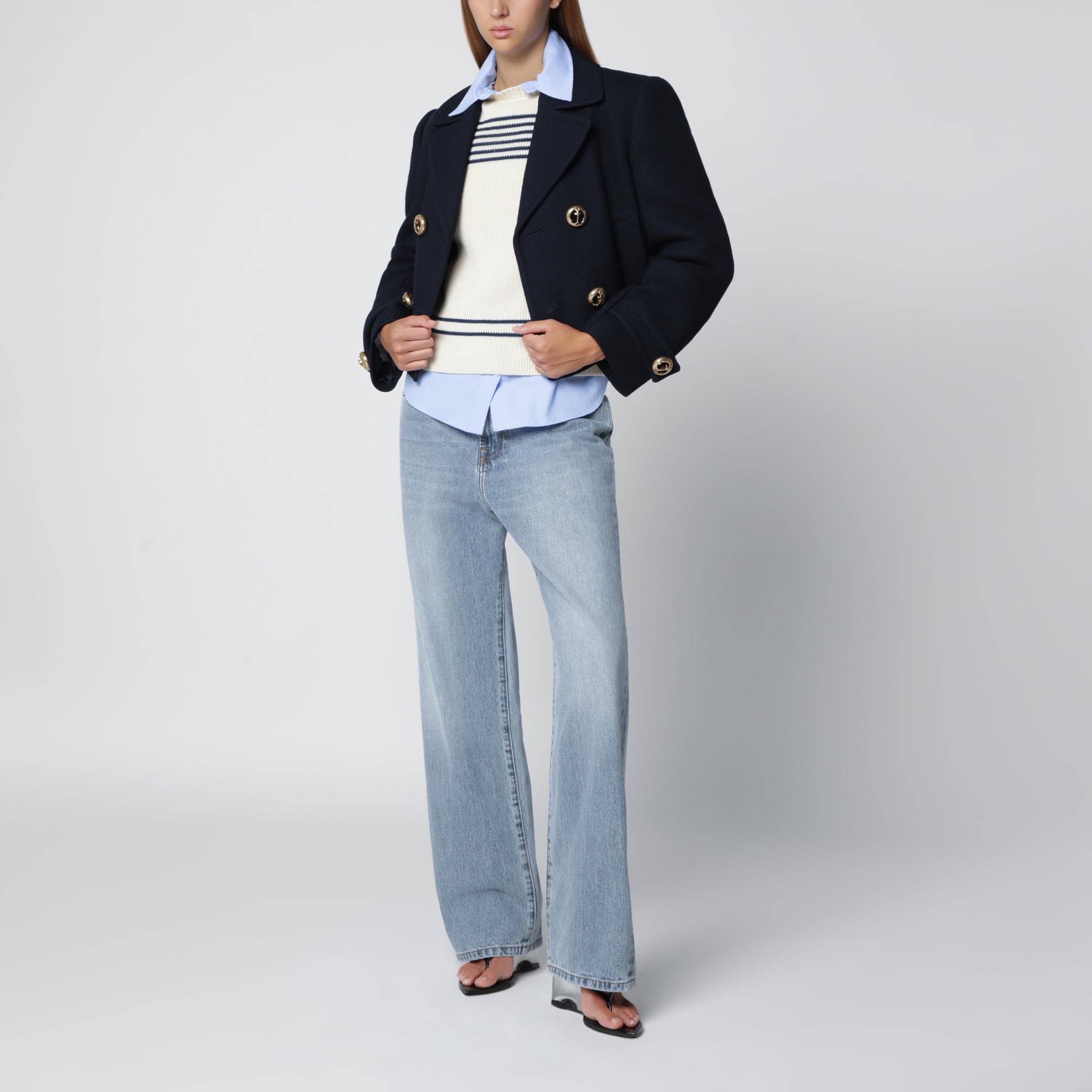Cropped caban coat in textured wool, navy