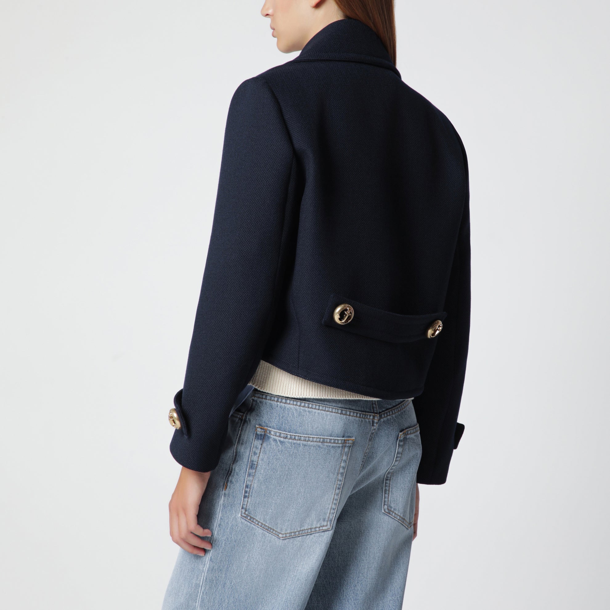 Cropped caban coat in textured wool, navy