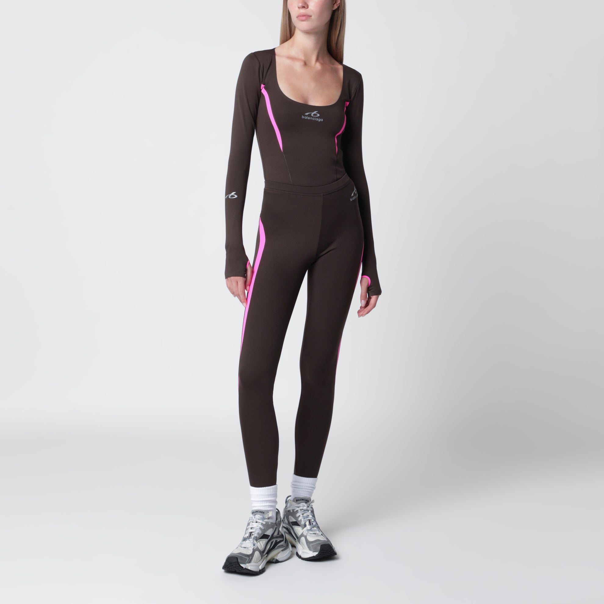Techwear top in khaki/neon pink technical fabric