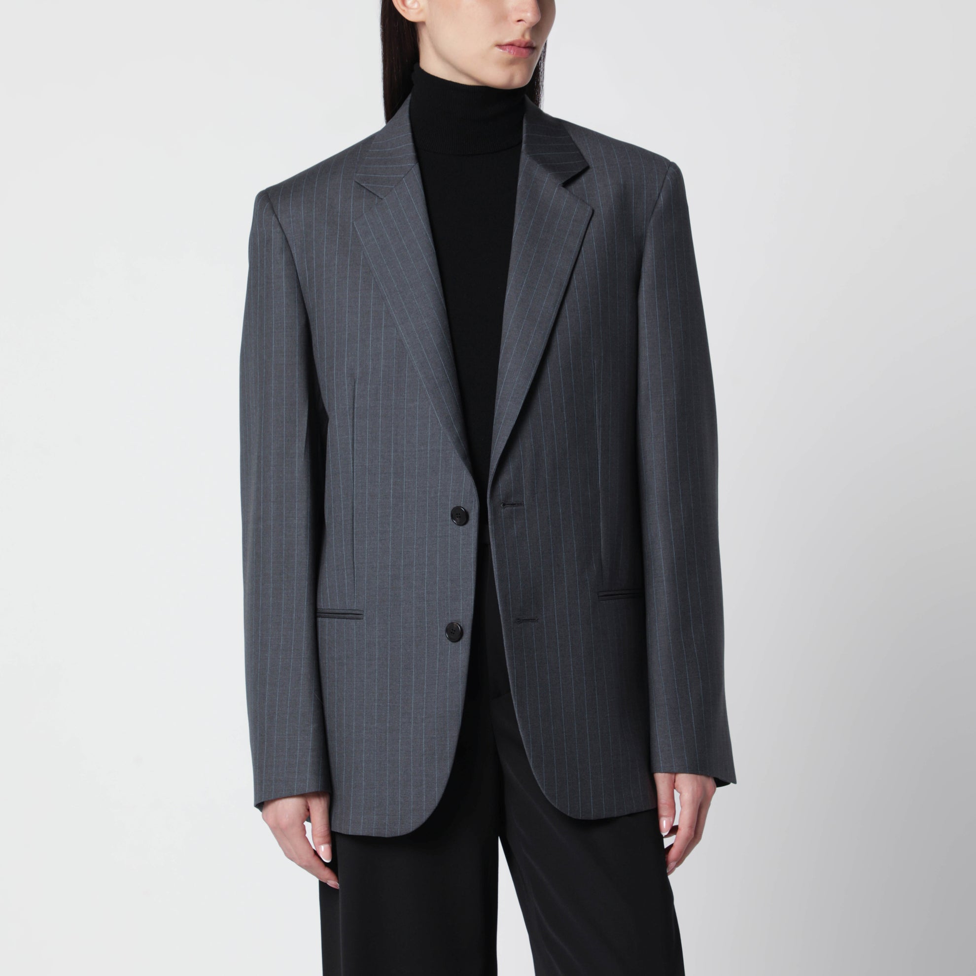 Grey/light blue pinstripe wool jacket