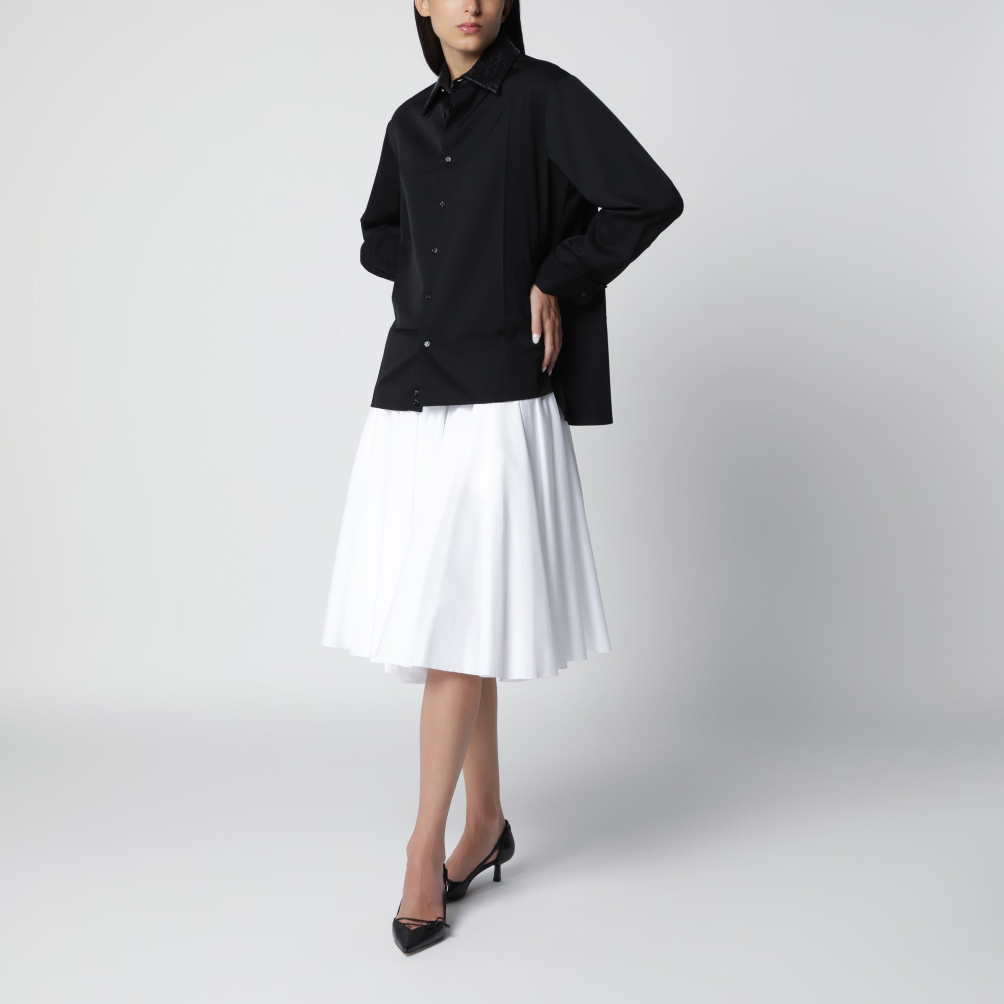 Light wool twill shirt with braided leather collar, black