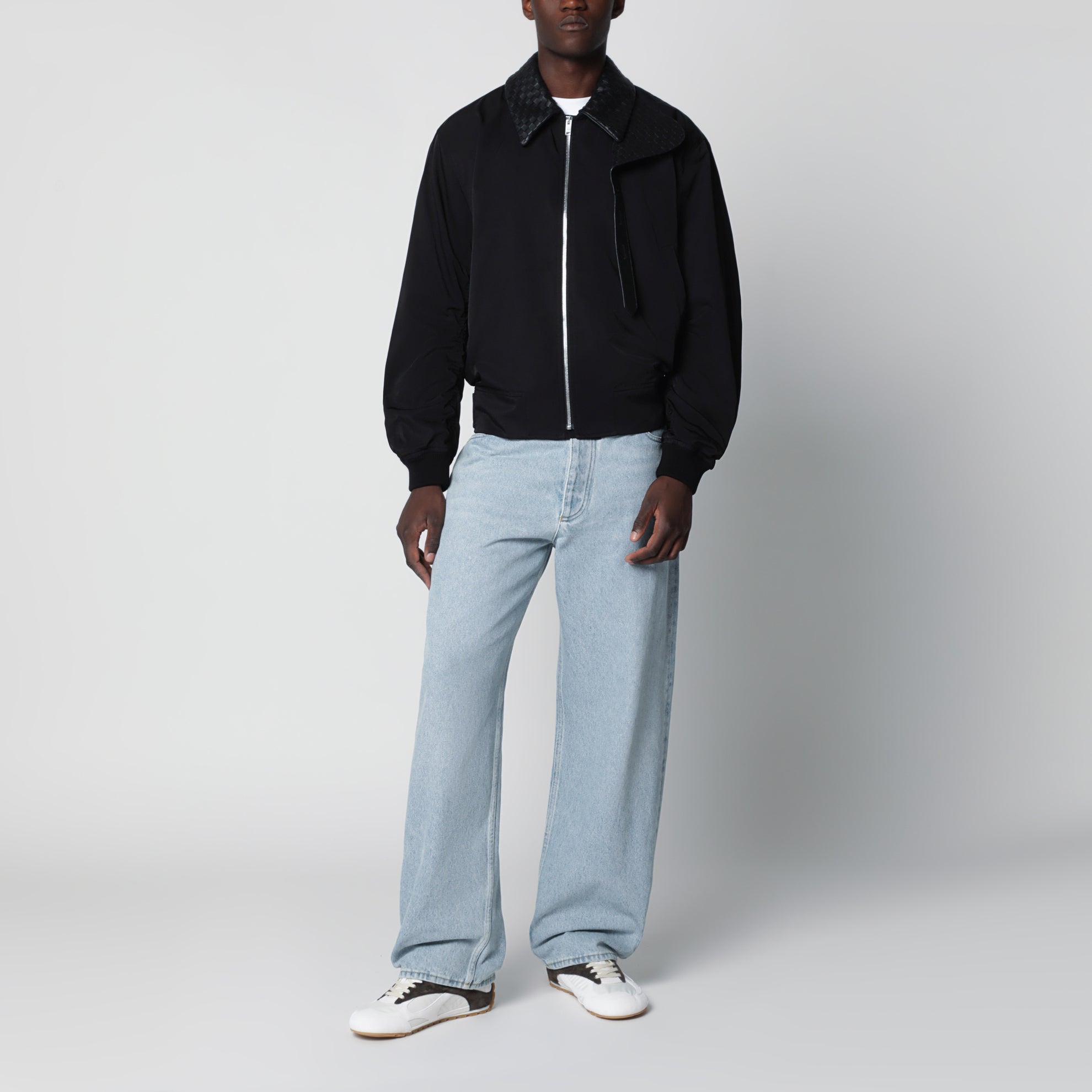 Black zip-up jacket with Intrecciato collar
