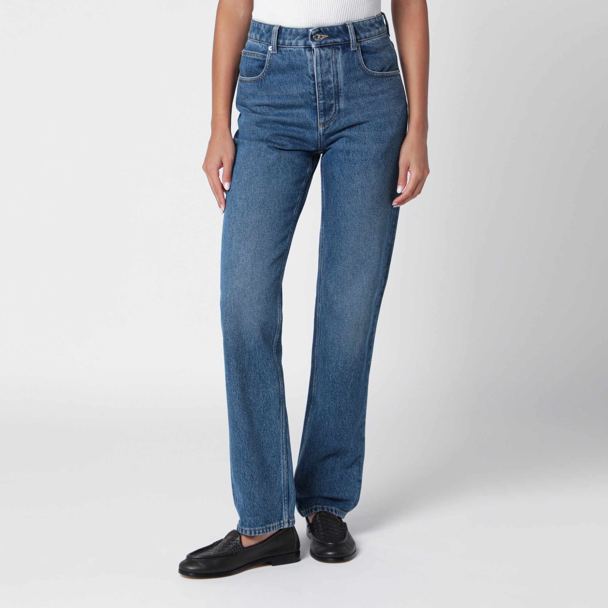 Jean avec poche en cuir, Bleu moyen