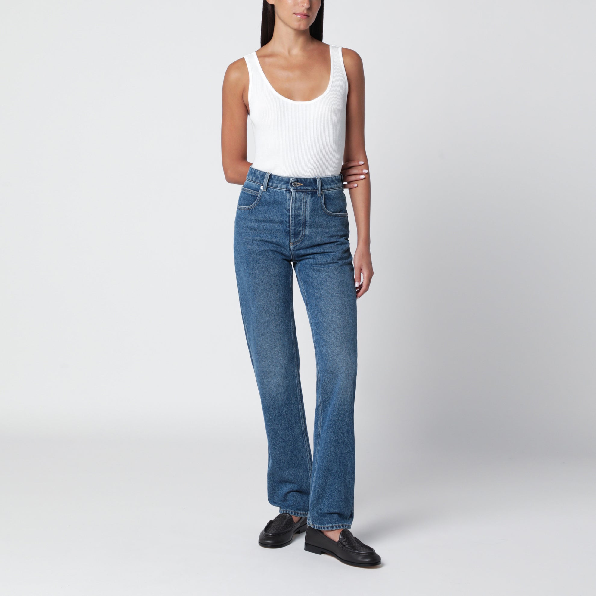 Jean avec poche en cuir, Bleu moyen