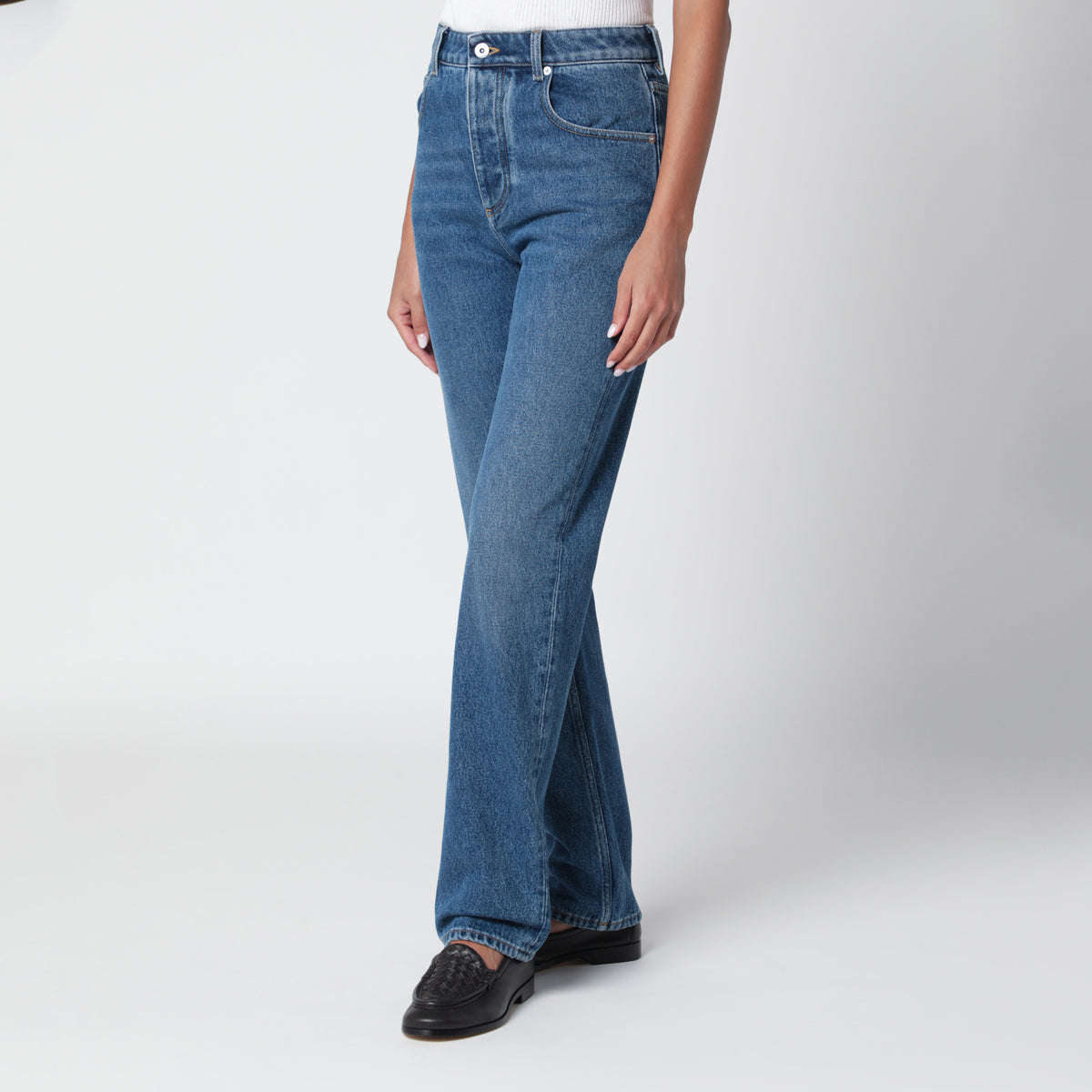 Jean avec poche en cuir, Bleu moyen