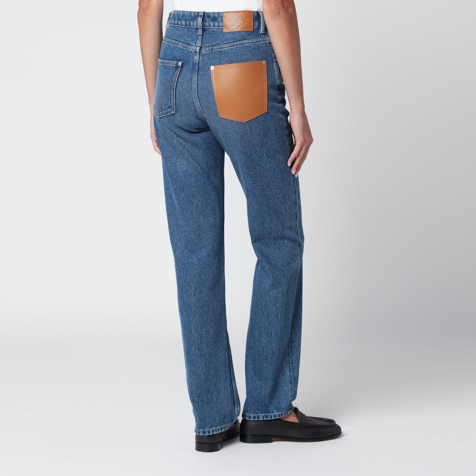 Jean avec poche en cuir, Bleu moyen