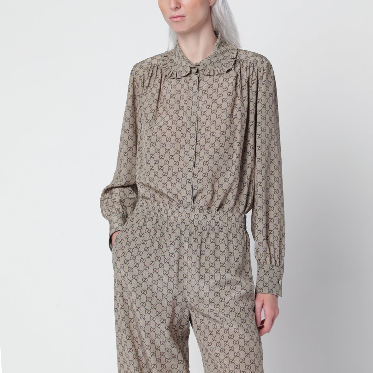 Camicia stampata beige in seta crêpe de chine