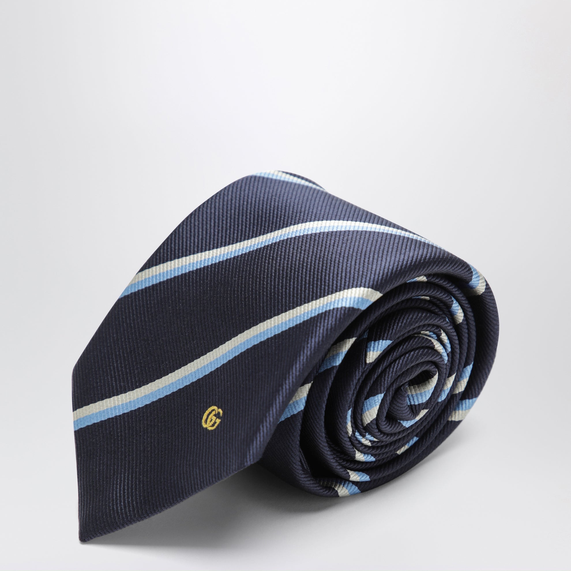 Striped blue silk jacquard tie with Double G