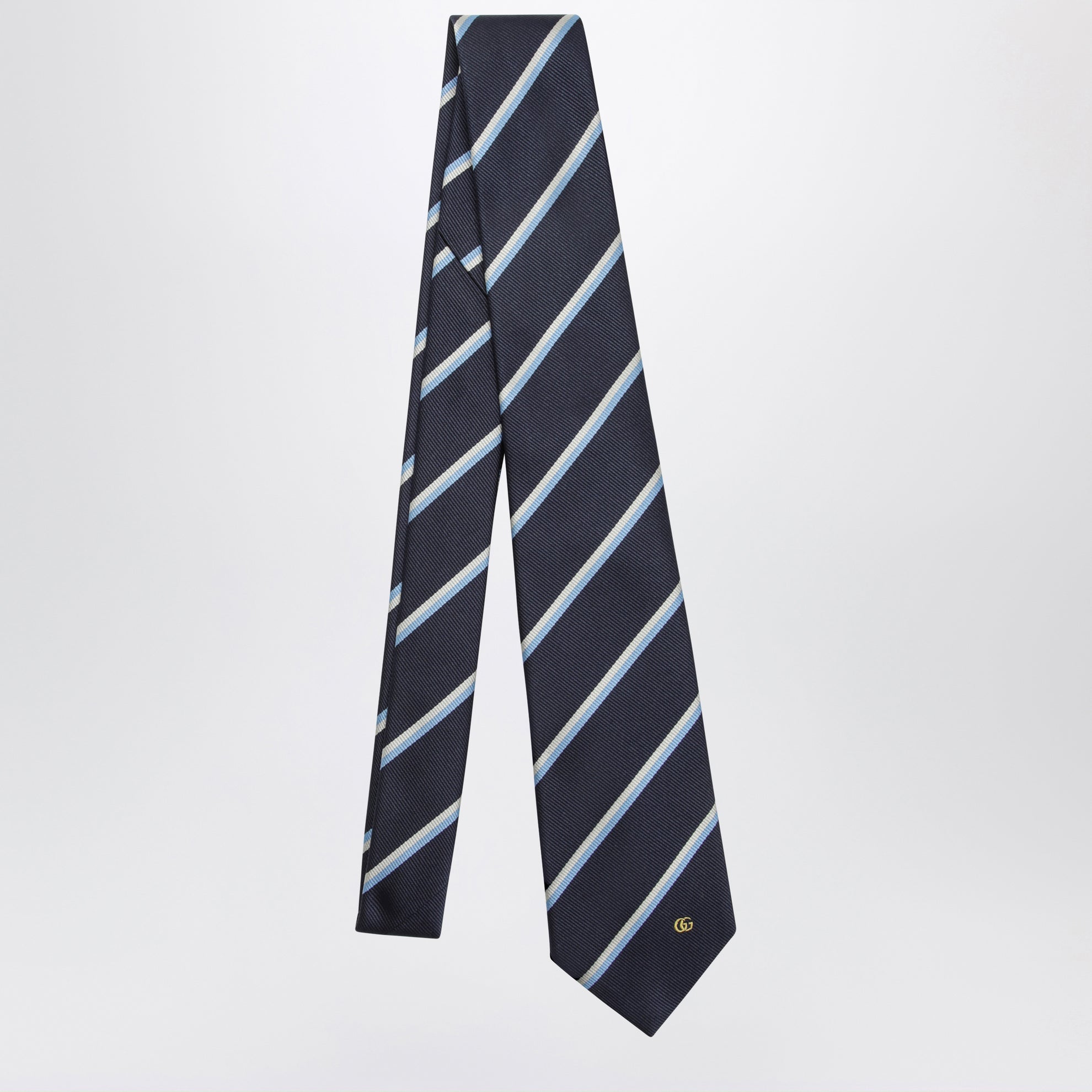 Striped blue silk jacquard tie with Double G