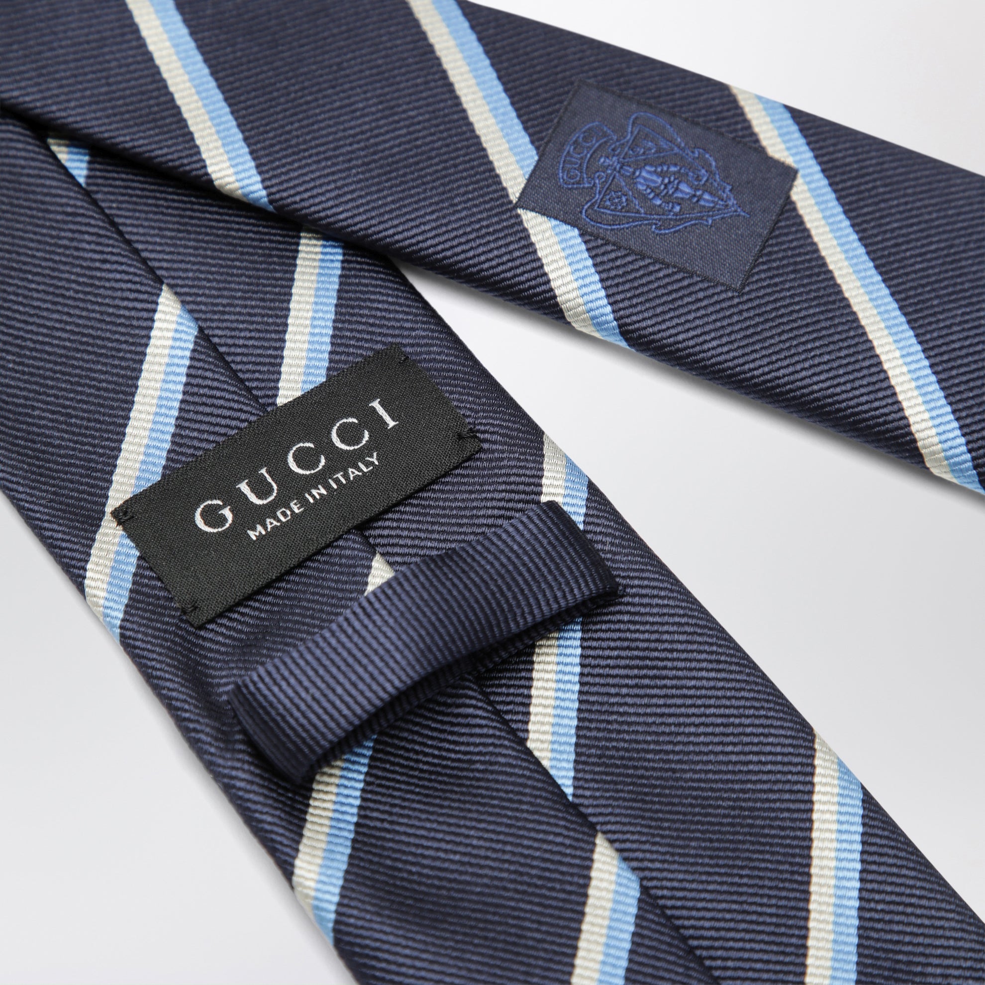 Striped blue silk jacquard tie with Double G