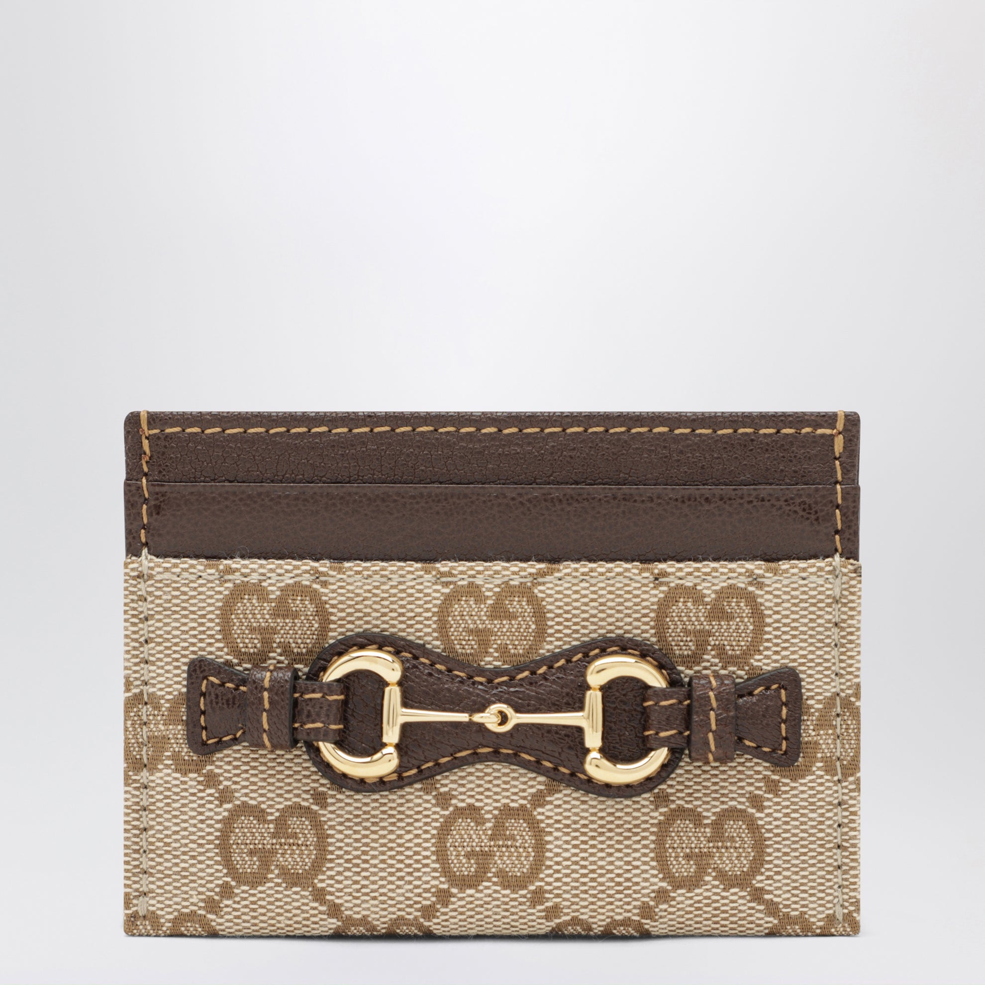 Horsebit card holder in GG fabric in beige/brown