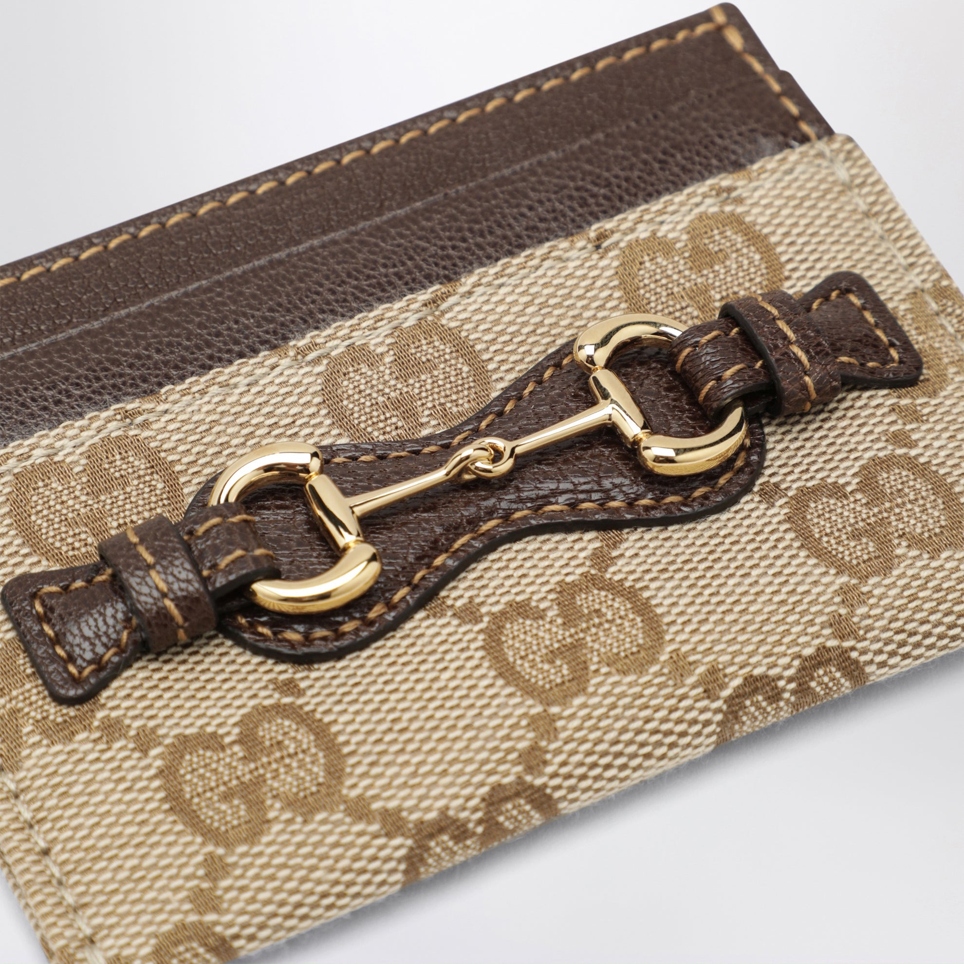 Horsebit card holder in GG fabric in beige/brown