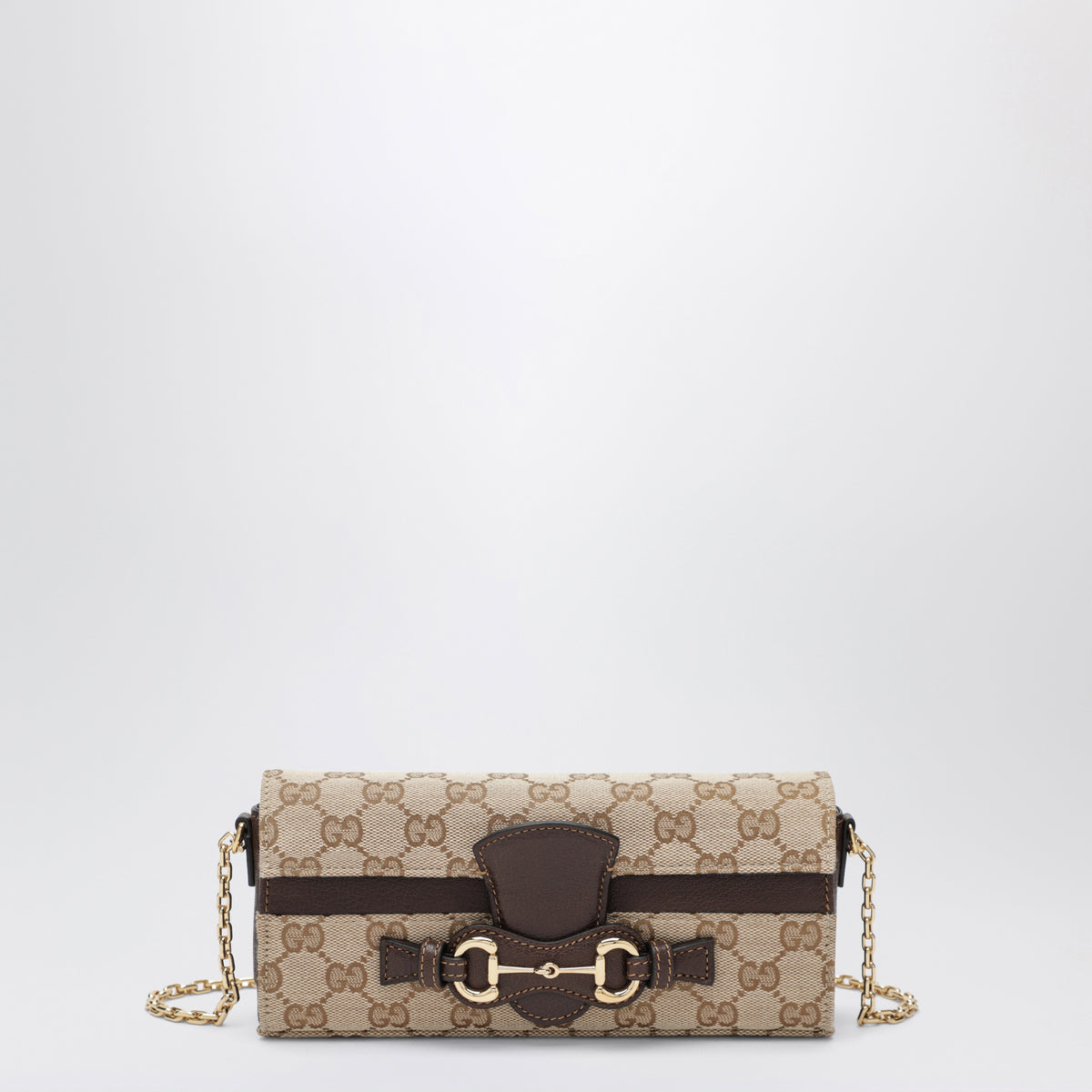 Sand/dunkelbraunes Wallet on Chain aus GG-Gewebe mit Horsebit