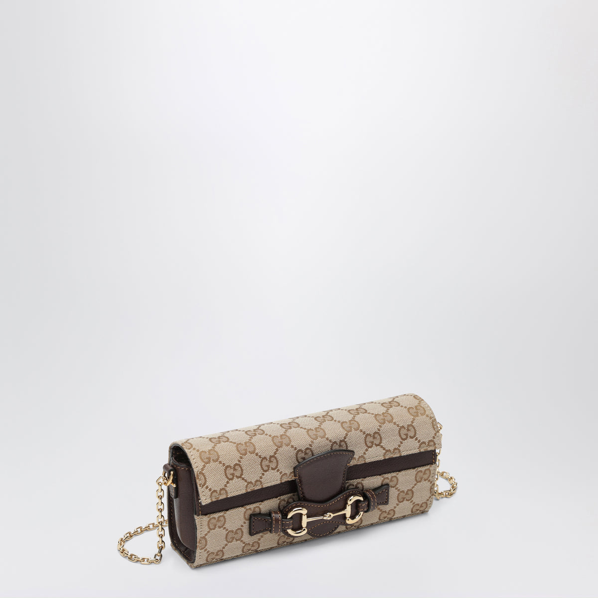 Sand/dunkelbraunes Wallet on Chain aus GG-Gewebe mit Horsebit
