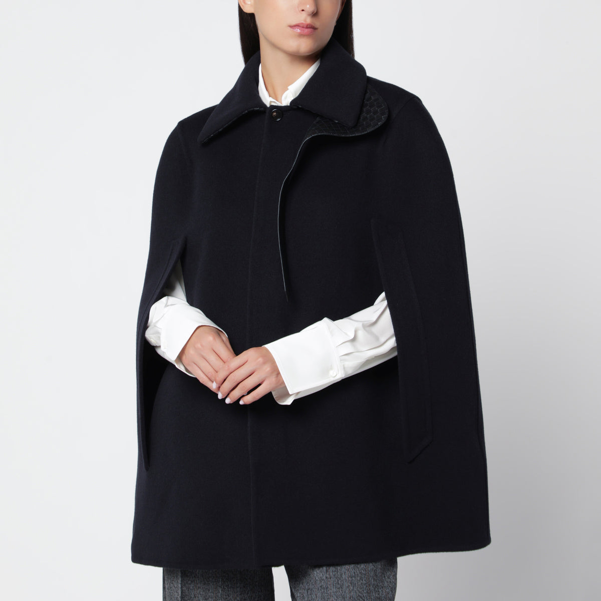 Short blue wool and cashmere cape coat