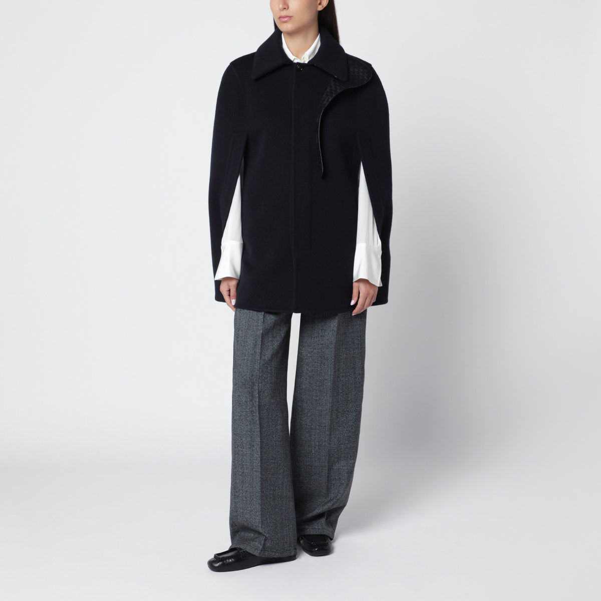 Short blue wool and cashmere cape coat