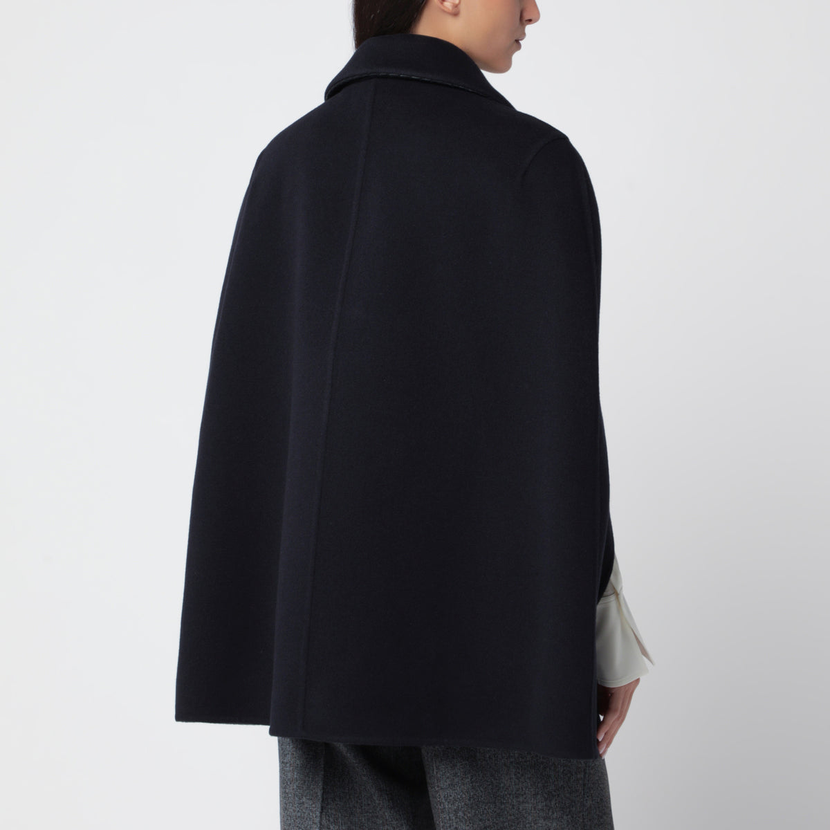 Short blue wool and cashmere cape coat