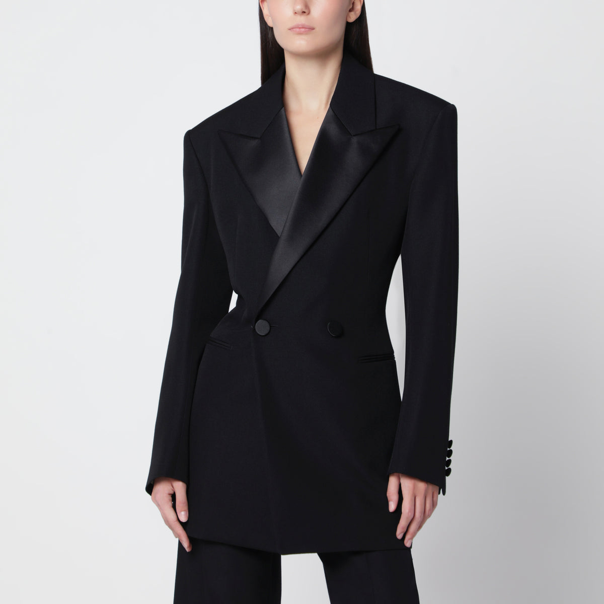 Black double-breasted tuxedo jacket in virgin wool
