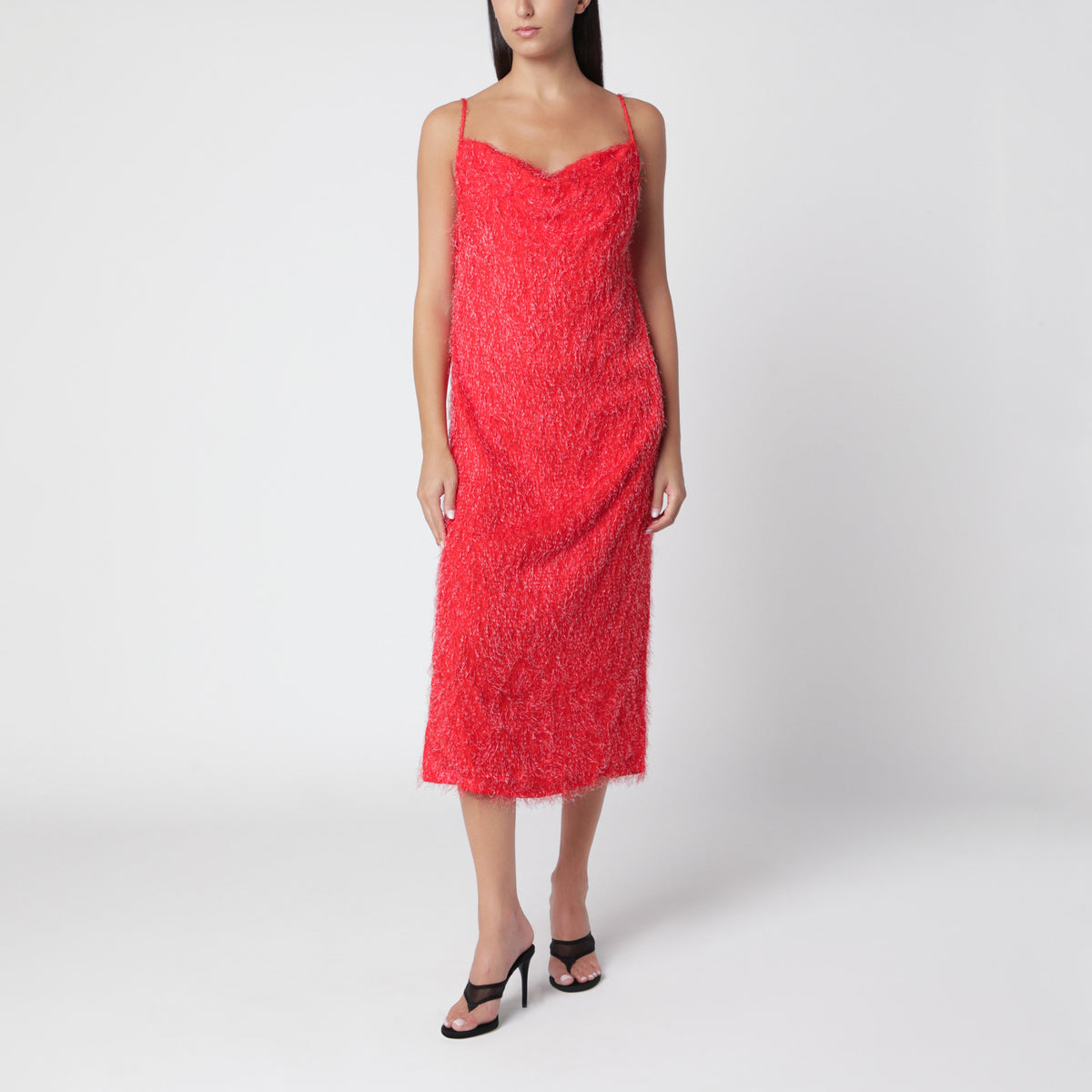 Red midi dress with fringe-effect texture