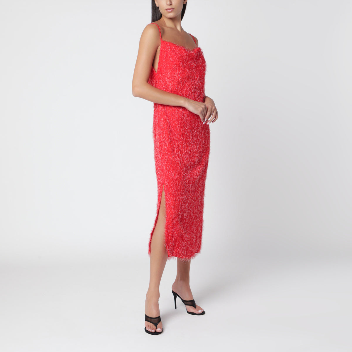 Red midi dress with fringe-effect texture