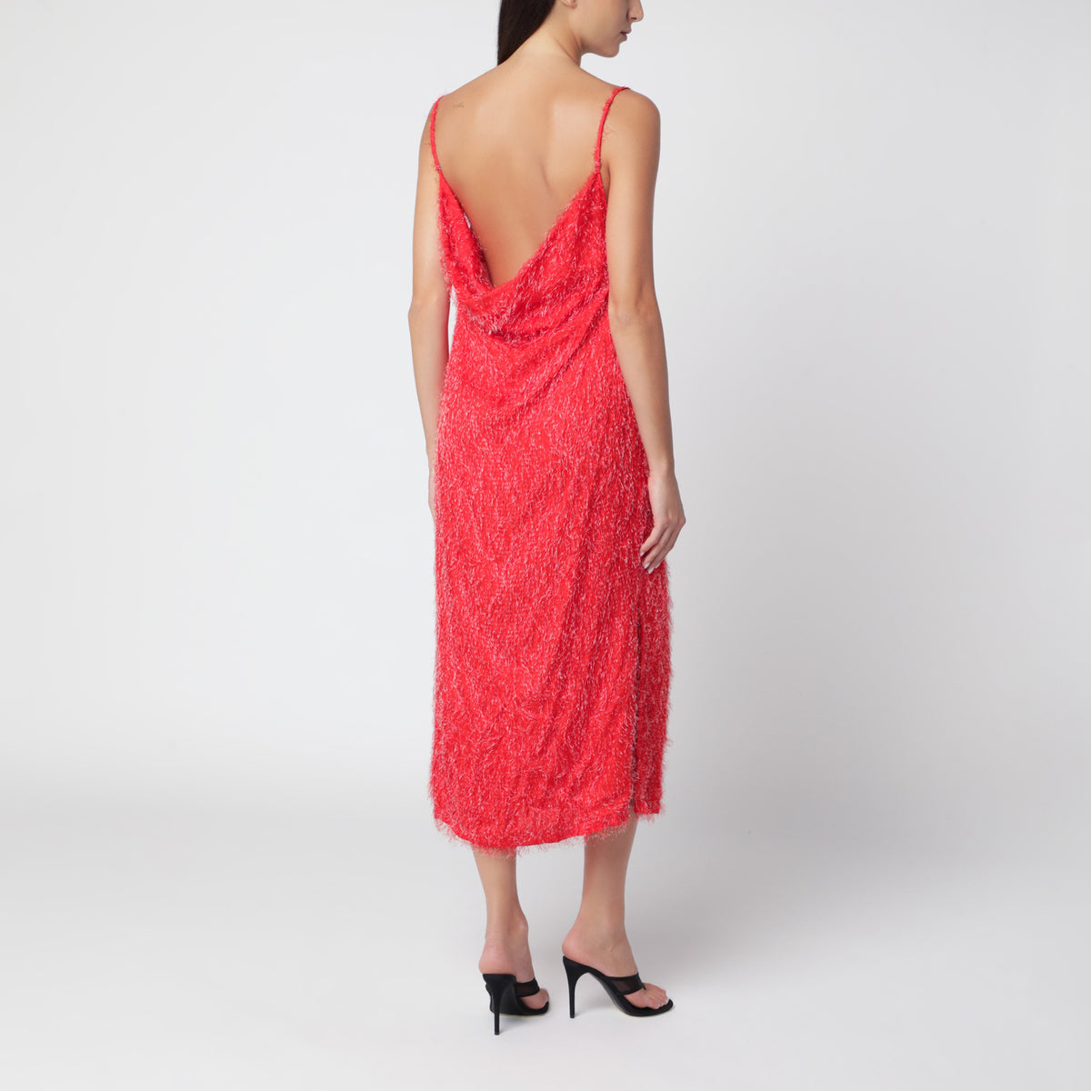 Red midi dress with fringe-effect texture