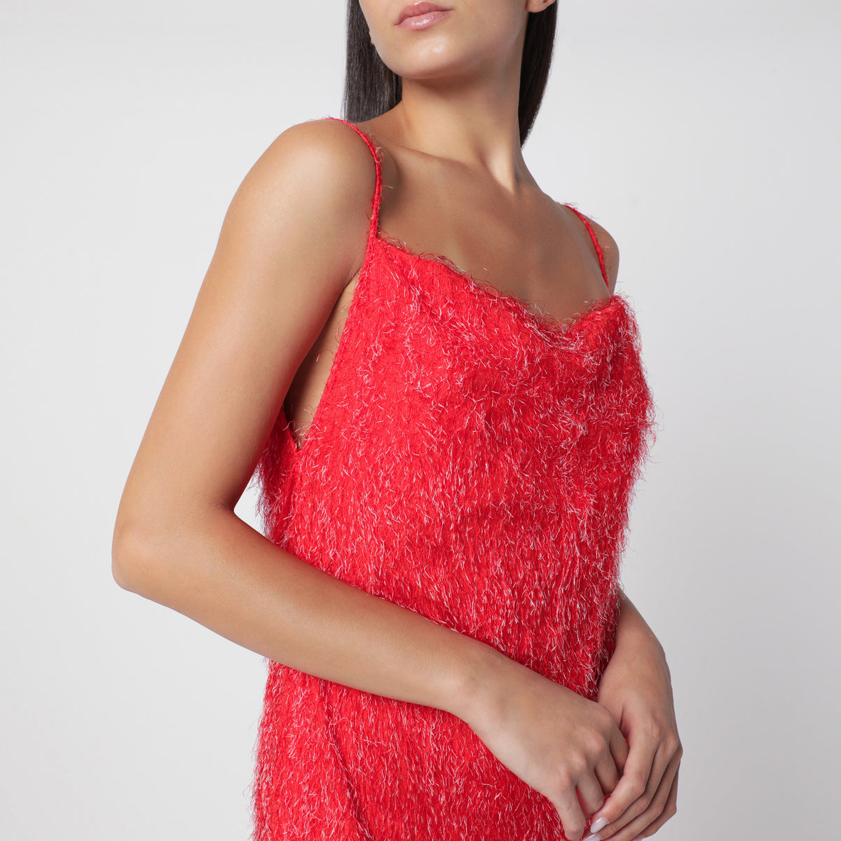 Red midi dress with fringe-effect texture