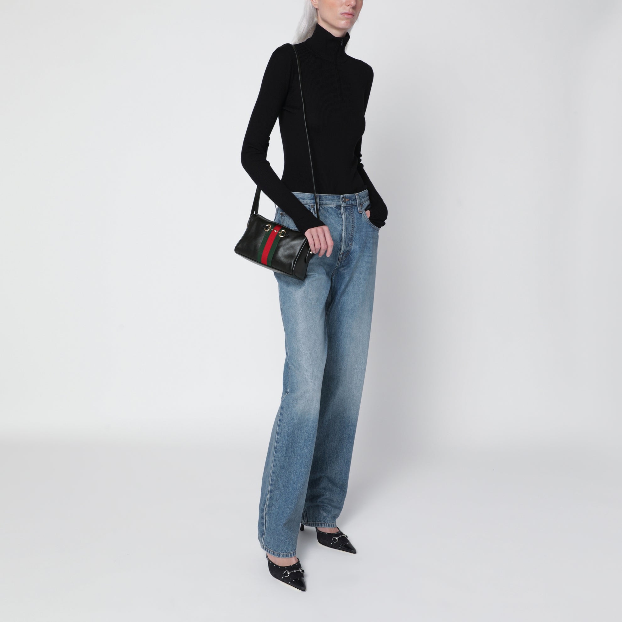 Camera bag Horsebit Web piccola nera in pelle