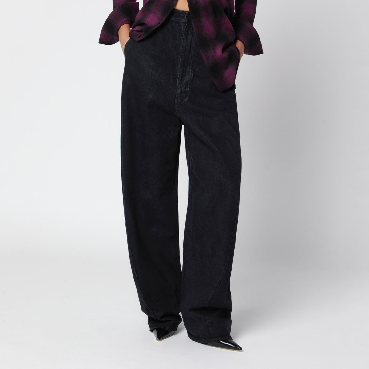 Black cotton denim barrel trousers