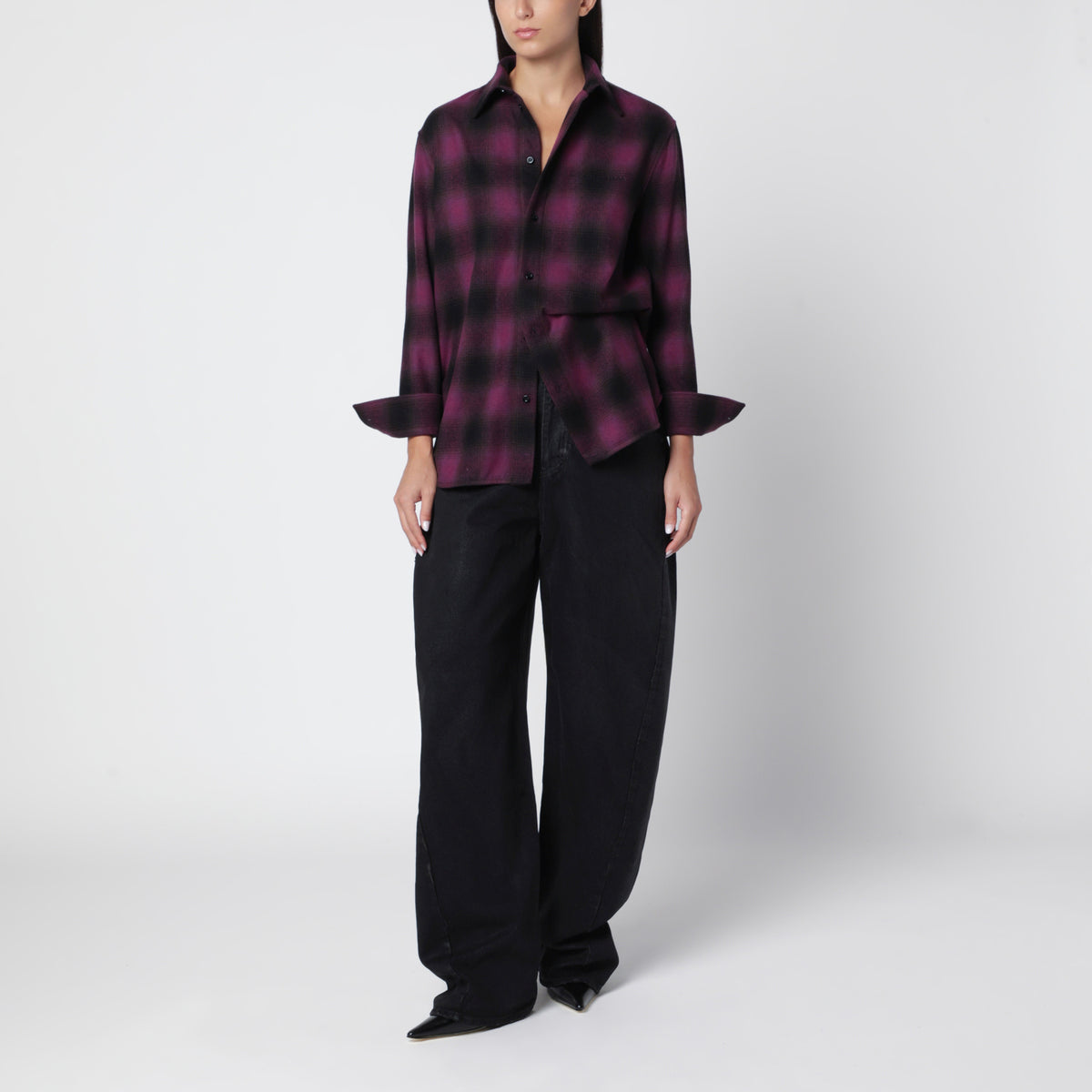 Black cotton denim barrel trousers