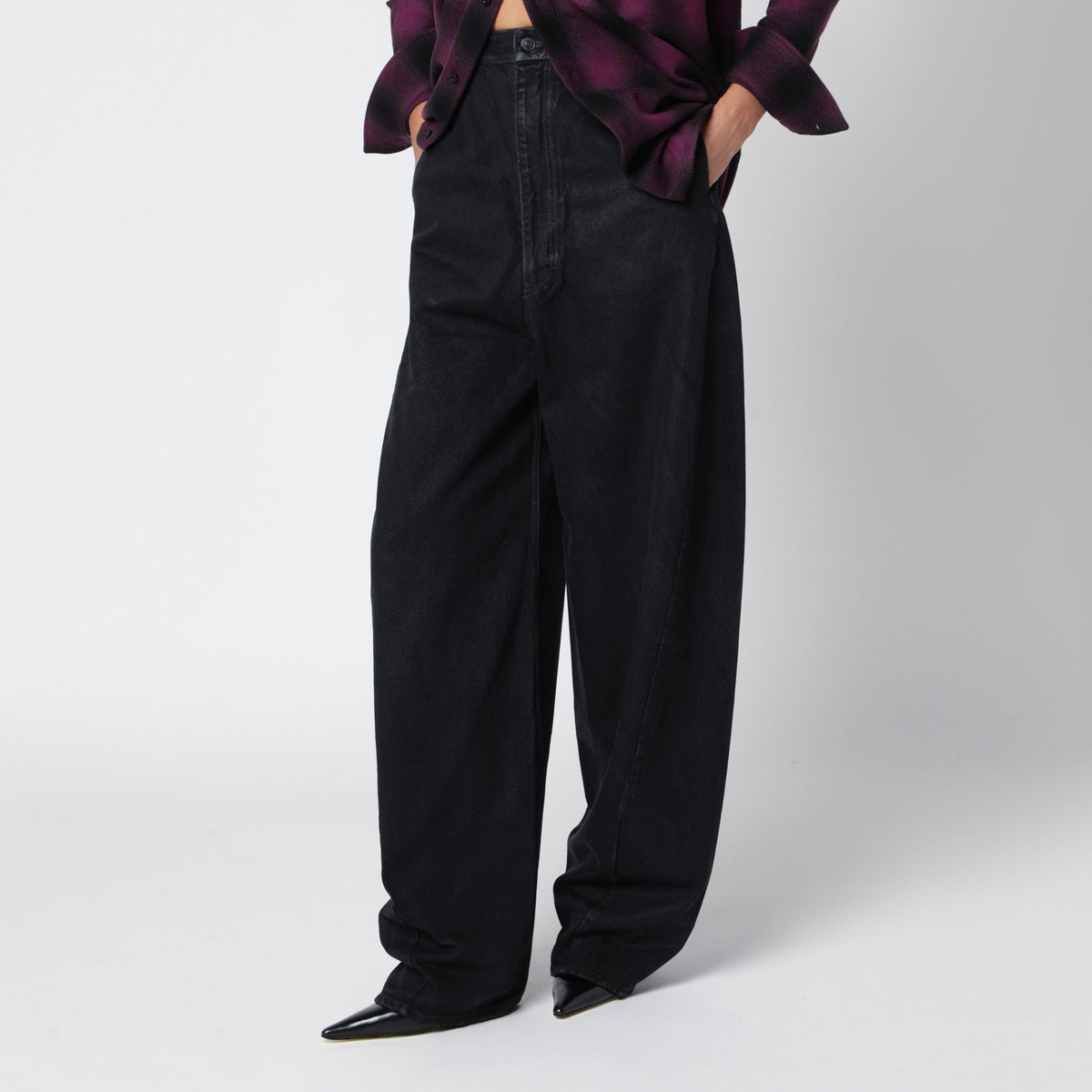 Black cotton denim barrel trousers