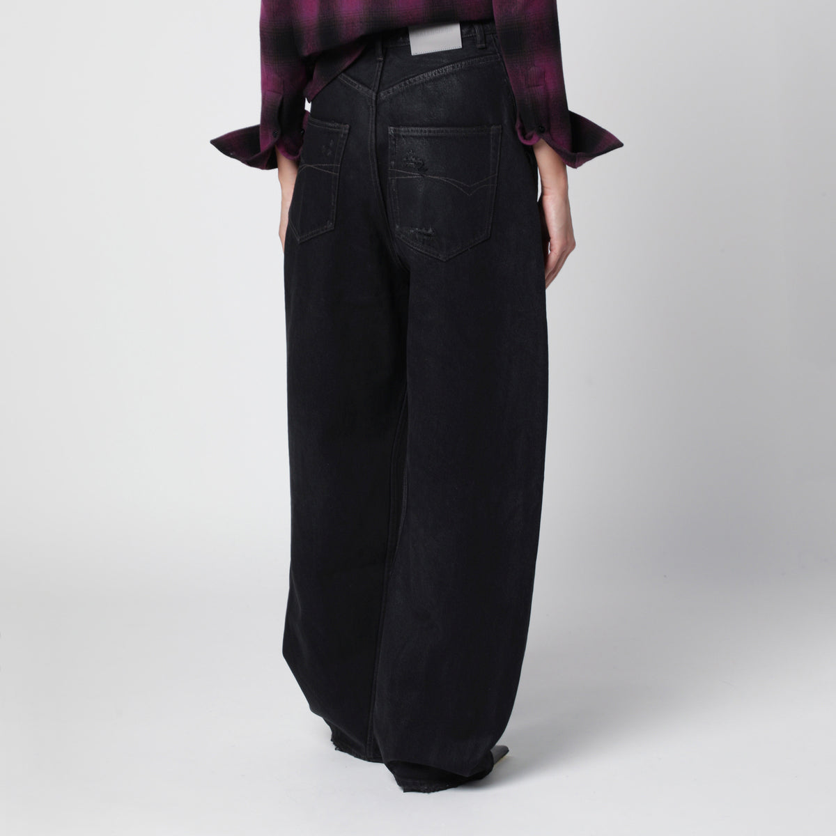 Black cotton denim barrel trousers