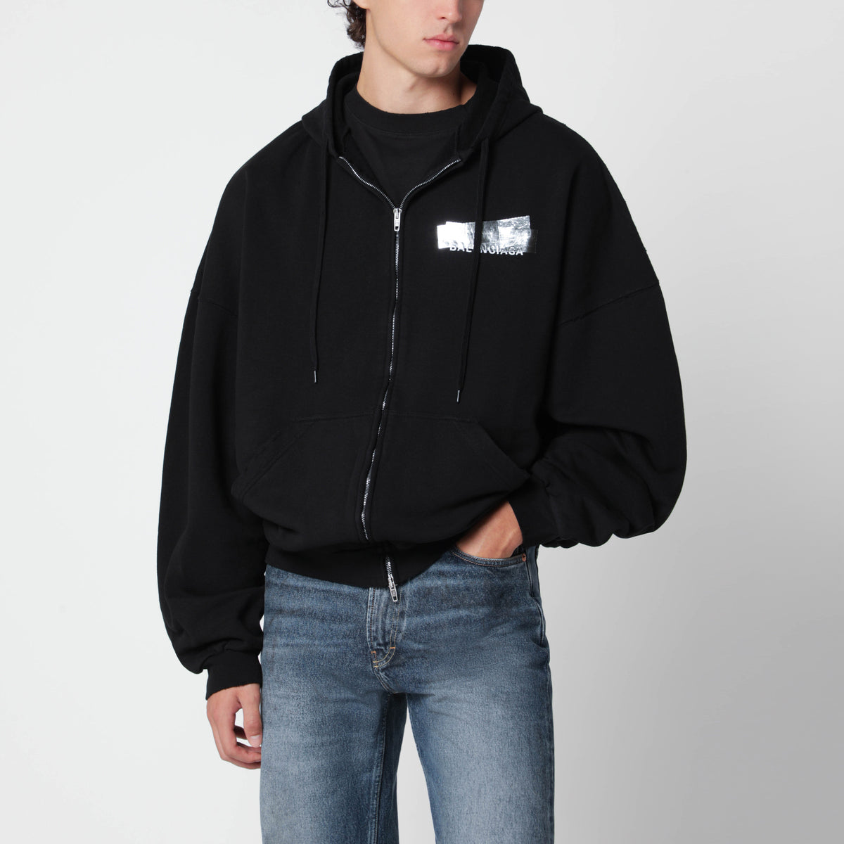 Felpa con zip nera in cotone
