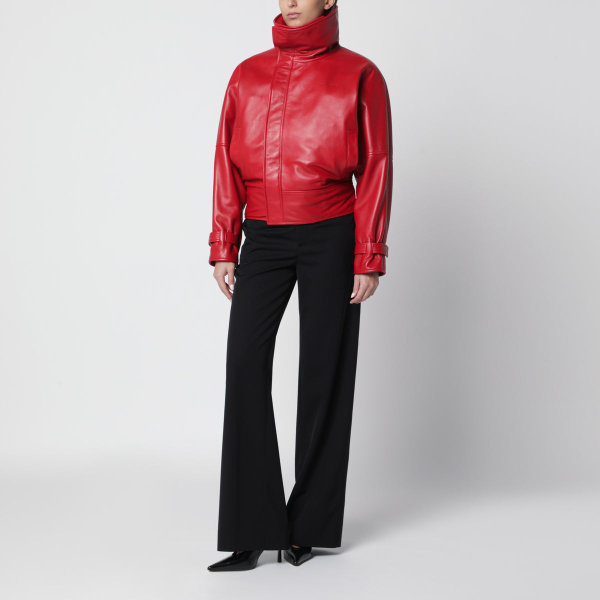 Rounded red lambskin bomber jacket