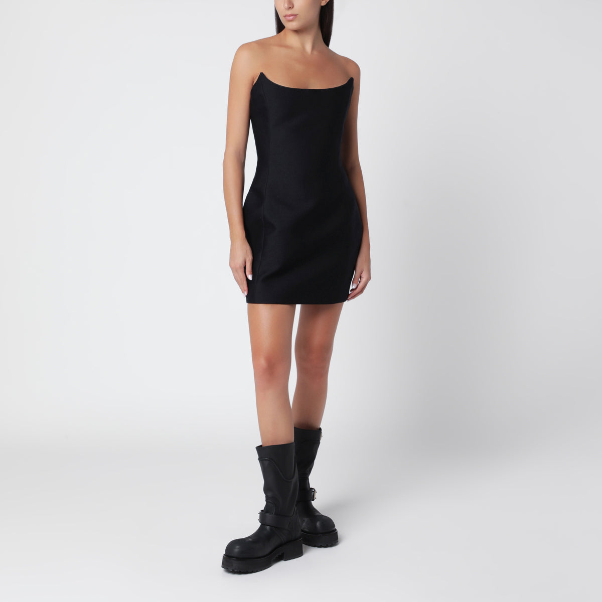 Abito bustier mini nero in misto lana e seta