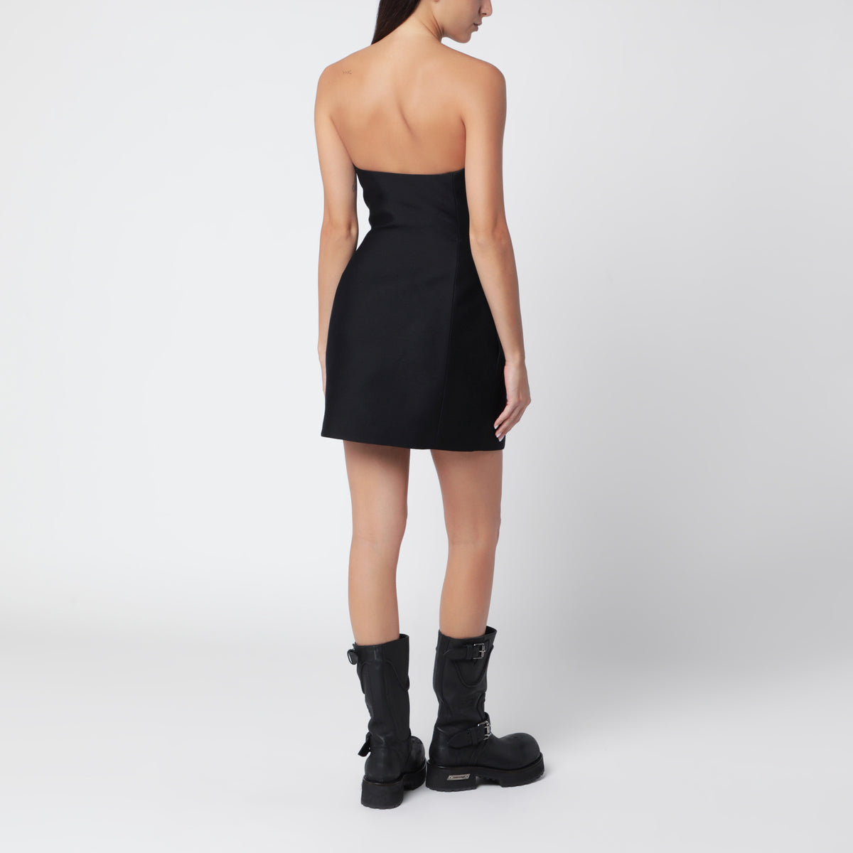 Abito bustier mini nero in misto lana e seta