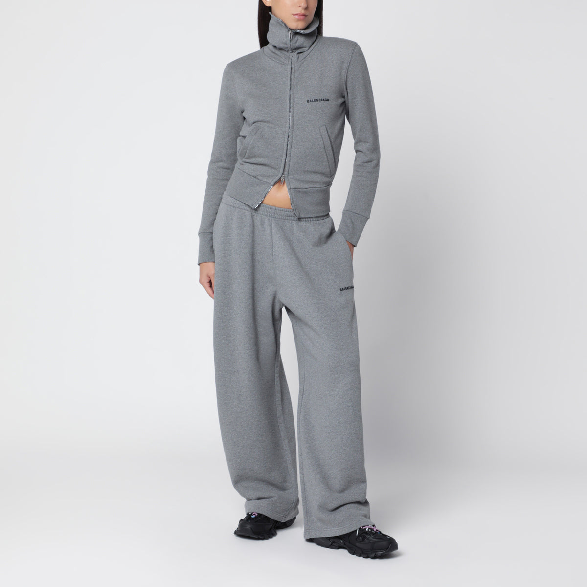 Felpa con zip grigia in cotone