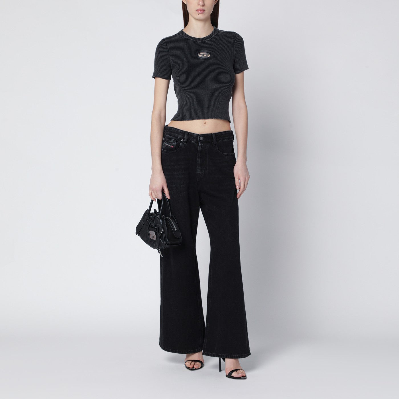 Diesel Cropped washed black T-shirt with metallic Oval D | TheDoubleF