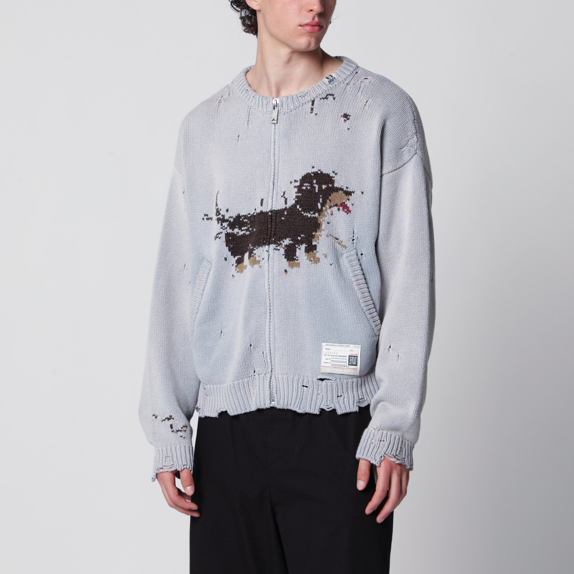 Cardigan jacquard avec teckel en mélange de coton effet usé