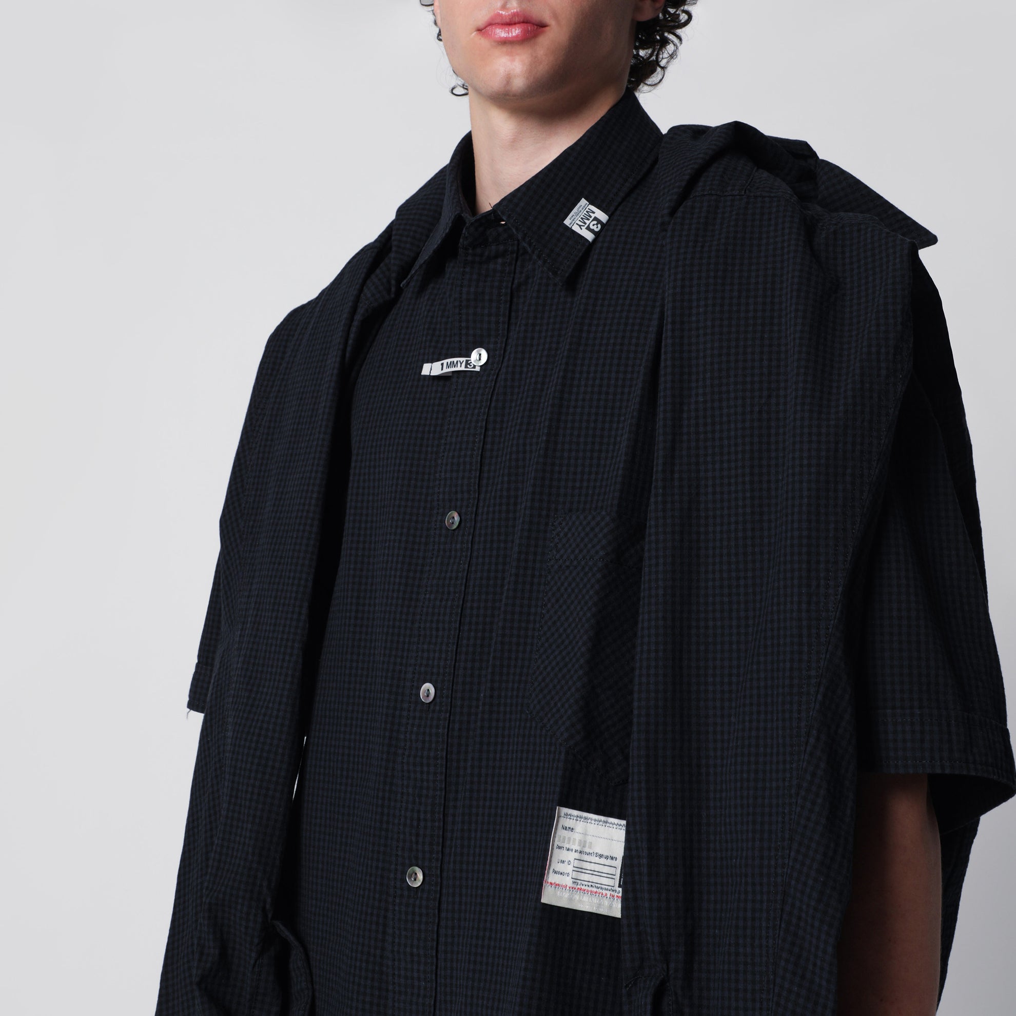 Navy blue checked shirt with double sleeves