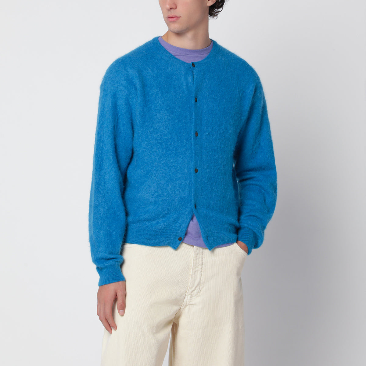 Cardigan girocollo blu in baby alpaca
