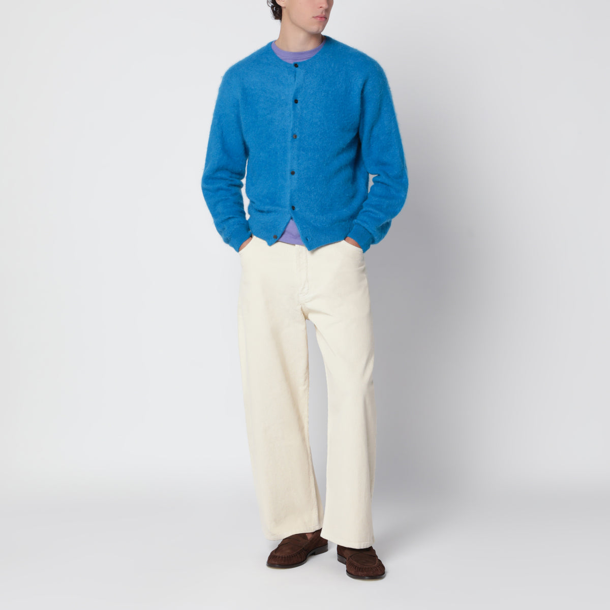 Cardigan girocollo blu in baby alpaca