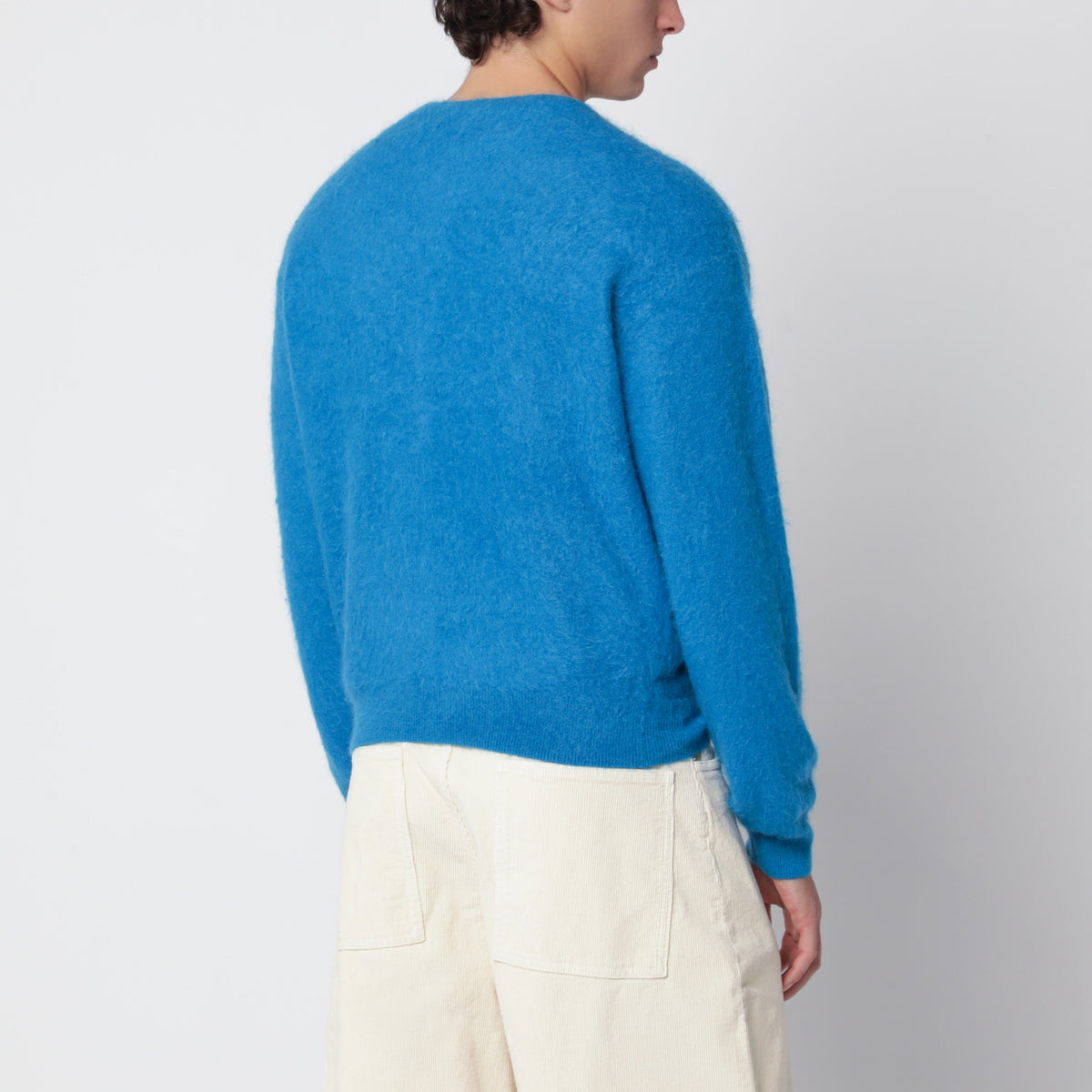 Cardigan girocollo blu in baby alpaca