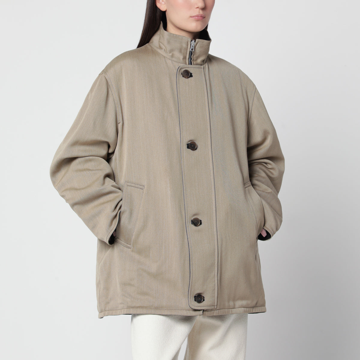 Beige/black reversible short coat in wool